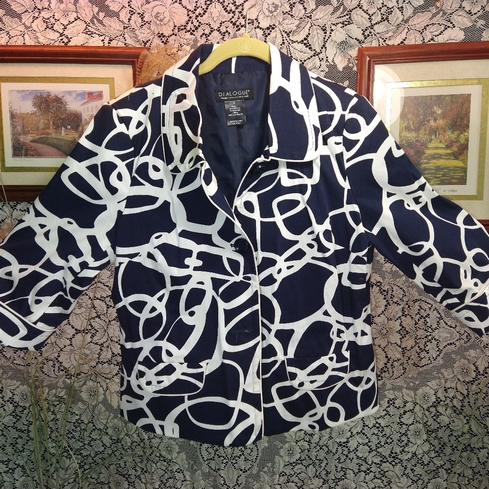 Dialogue dark navy blue white abstract design corduroy button up lined jacket